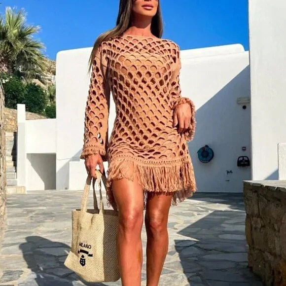 Coral Orange Women's Sexy & Elegant Beach Style Knitted Hollow Fringe Dress - Picture 1 of 5